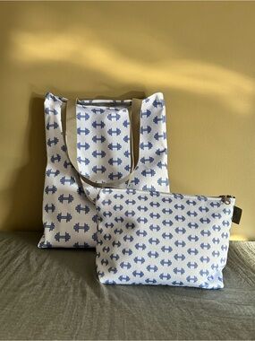 Blue Patterned Tote Bag with Makeup bag Canvas - Women